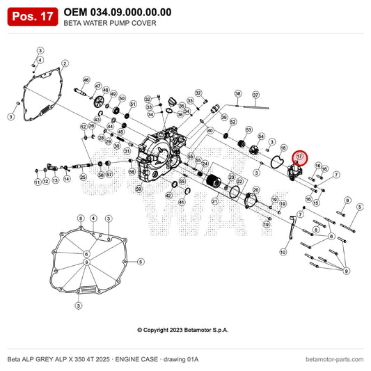 BETA WATER PUMP COVER – OEM 034.09.000.00.00, position 17 on the Beta ALP GREY ALP X 350 4T 2025 engine case drawing