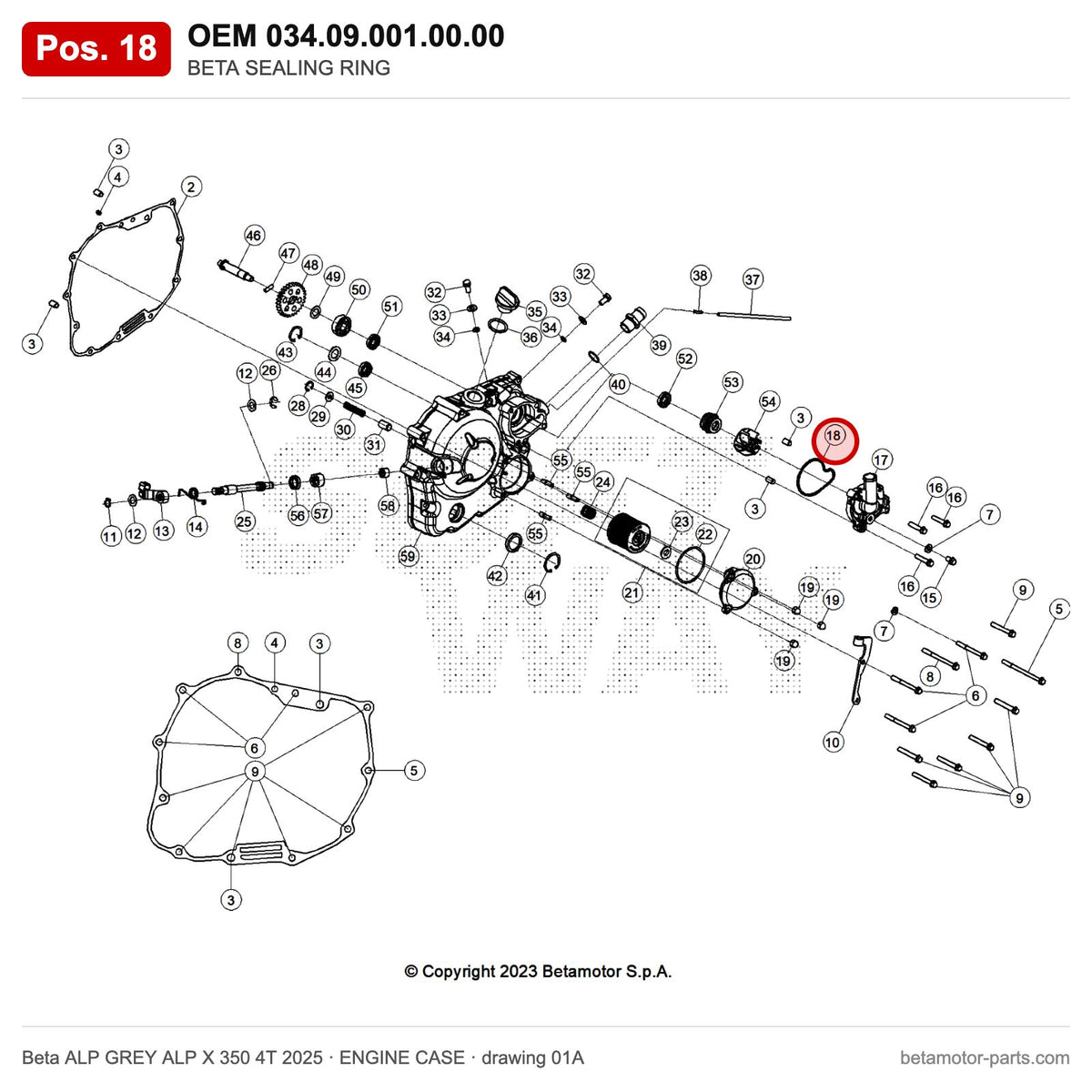 BETA SEALING RING – OEM 034.09.001.00.00, position 18 on the Beta ALP GREY ALP X 350 4T 2025 engine case drawing