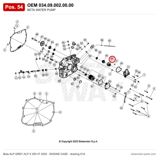 BETA WATER PUMP – OEM 034.09.002.00.00, position 54 on the Beta ALP GREY ALP X 350 4T 2025 engine case drawing