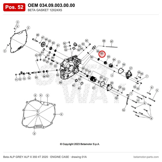 BETA GASKET 12X24X5 – OEM 034.09.003.00.00, position 52 on the Beta ALP GREY ALP X 350 4T 2025 engine case drawing