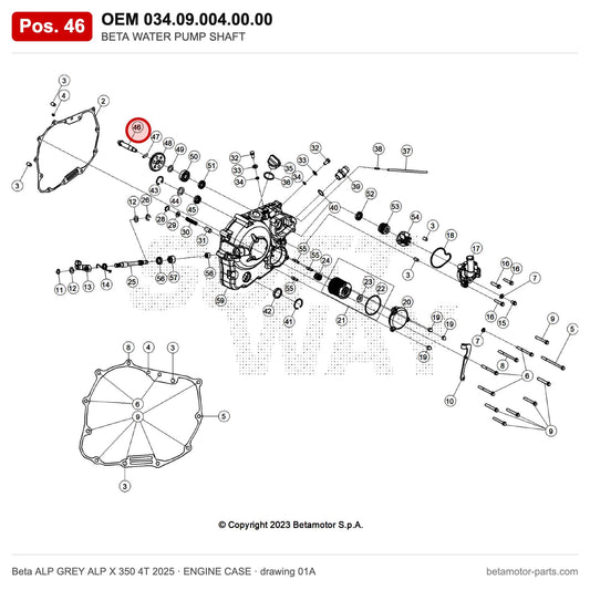 BETA WATER PUMP SHAFT – OEM 034.09.004.00.00, position 46 on the Beta ALP GREY ALP X 350 4T 2025 engine case drawing