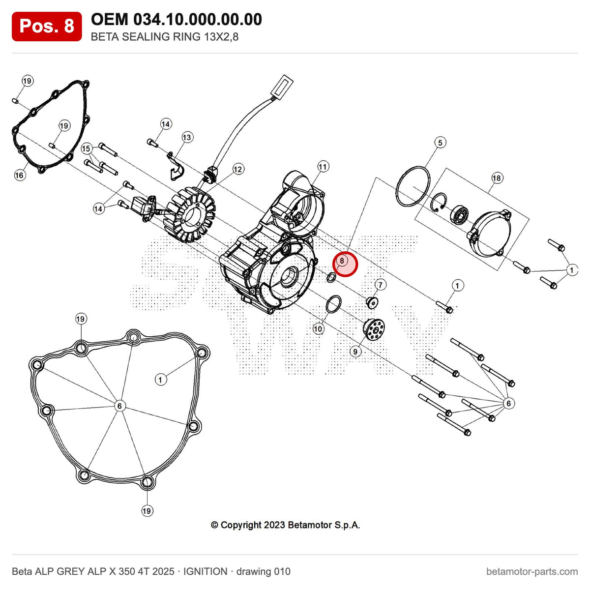 BETA SEALING RING 13X2,8 – OEM 034.10.000.00.00, position 8 on the Beta ALP GREY ALP X 350 4T 2025 ignition drawing