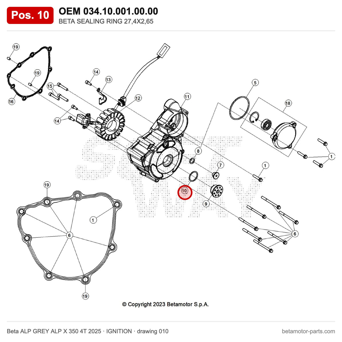 BETA SEALING RING 27,4X2,65 – OEM 034.10.001.00.00, position 10 on the Beta ALP GREY ALP X 350 4T 2025 ignition drawing