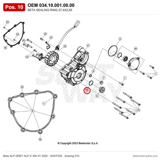 BETA SEALING RING 27,4X2,65 – OEM 034.10.001.00.00, position 10 on the Beta ALP GREY ALP X 350 4T 2025 ignition drawing