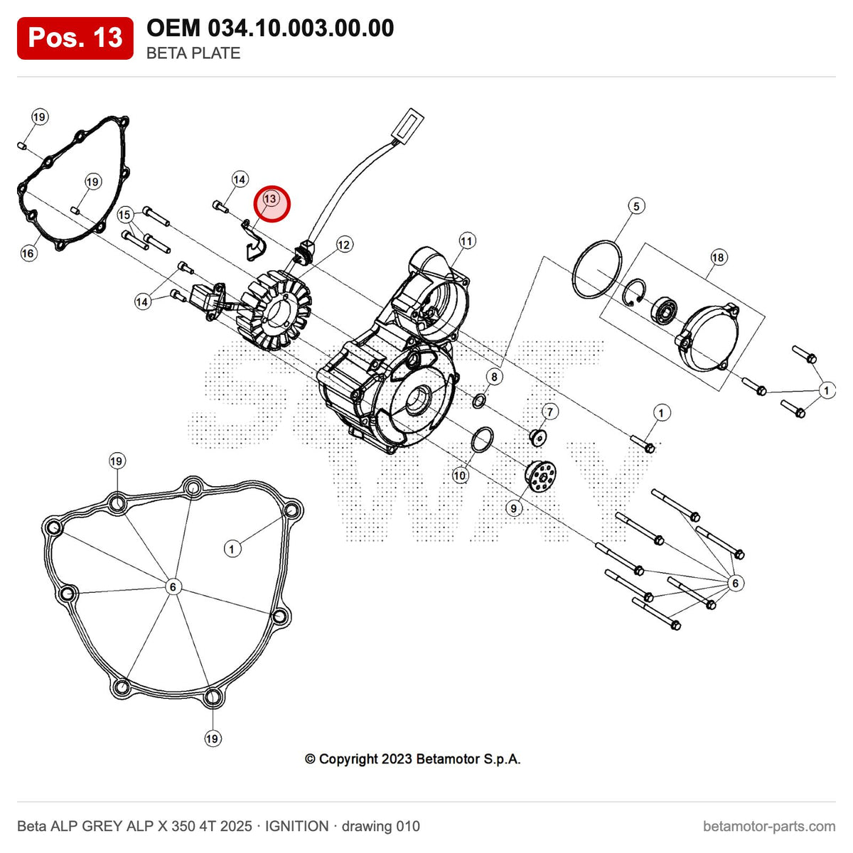 BETA PLATE – OEM 034.10.003.00.00, position 13 on the Beta ALP GREY ALP X 350 4T 2025 ignition drawing