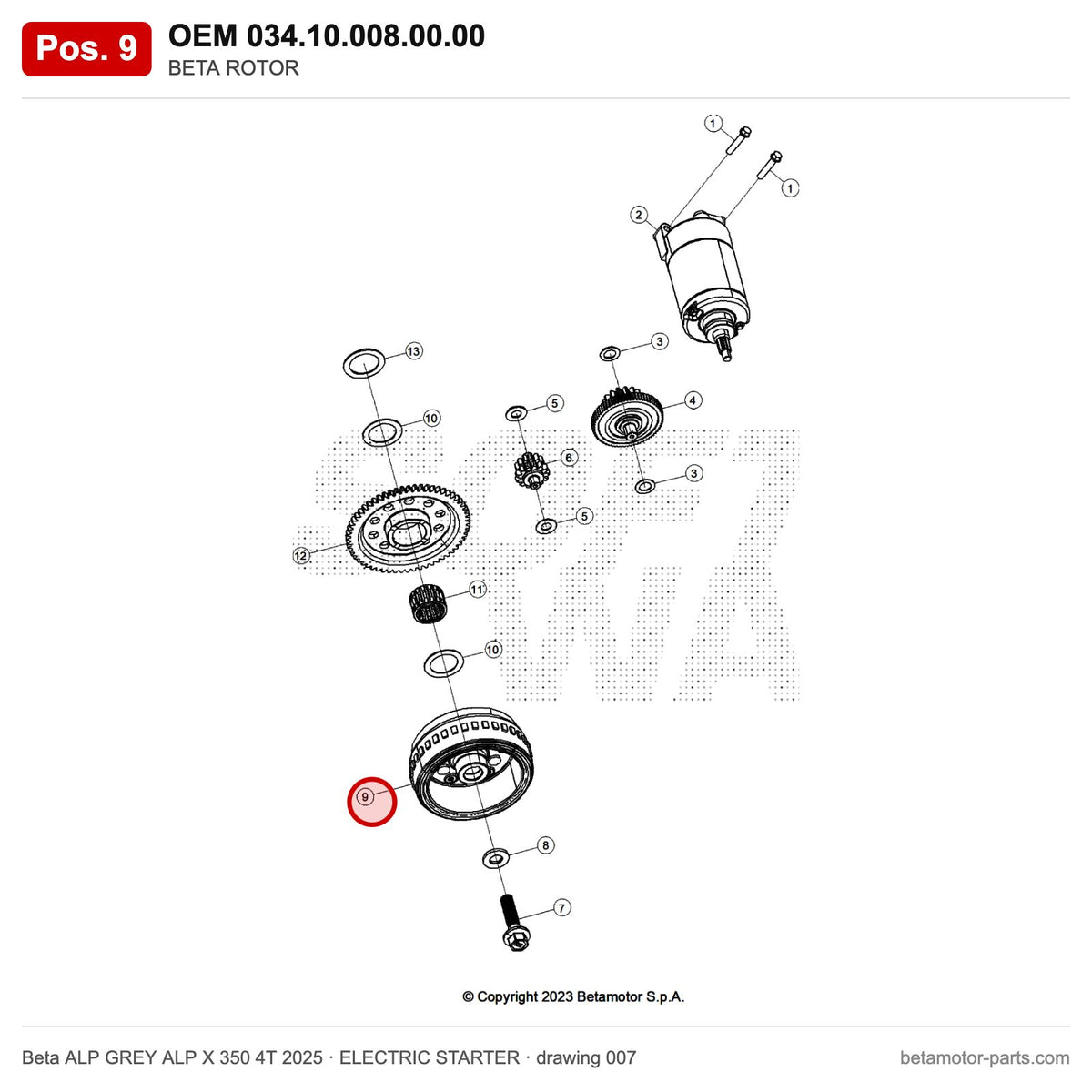 BETA ROTOR – OEM 034.10.008.00.00, position 9 on the Beta ALP GREY ALP X 350 4T 2025 elettricstarter drawing
