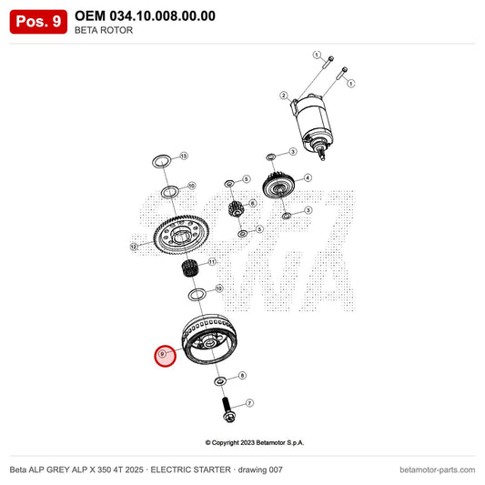 BETA ROTOR – OEM 034.10.008.00.00, position 9 on the Beta ALP GREY ALP X 350 4T 2025 elettricstarter drawing