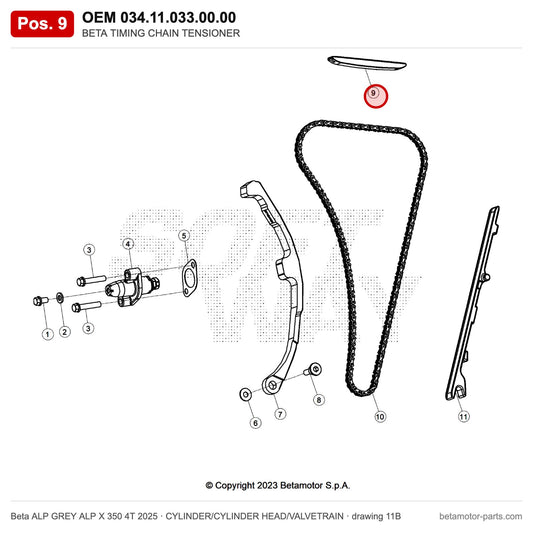BETA TIMING CHAIN TENSIONER – OEM 034.11.033.00.00, position 9 on the Beta ALP GREY ALP X 350 4T 2025 cylinder/cylinder head/valvetrain drawing