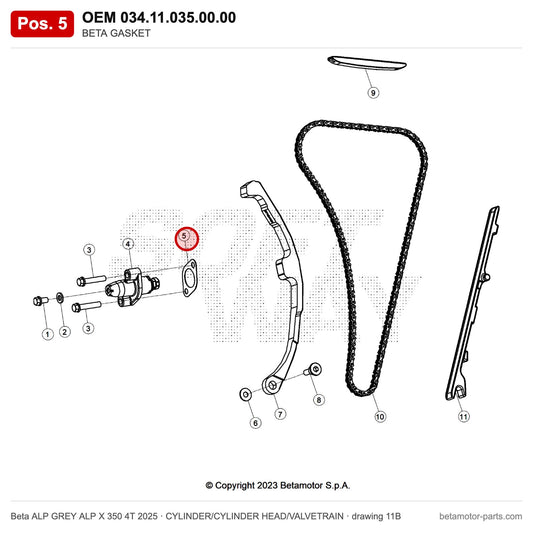BETA GASKET – OEM 034.11.035.00.00, position 5 on the Beta ALP GREY ALP X 350 4T 2025 cylinder/cylinder head/valvetrain drawing