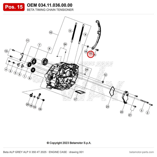 BETA TIMING CHAIN TENSIONER – OEM 034.11.036.00.00, position 15 on the Beta ALP GREY ALP X 350 4T 2025 engine case drawing