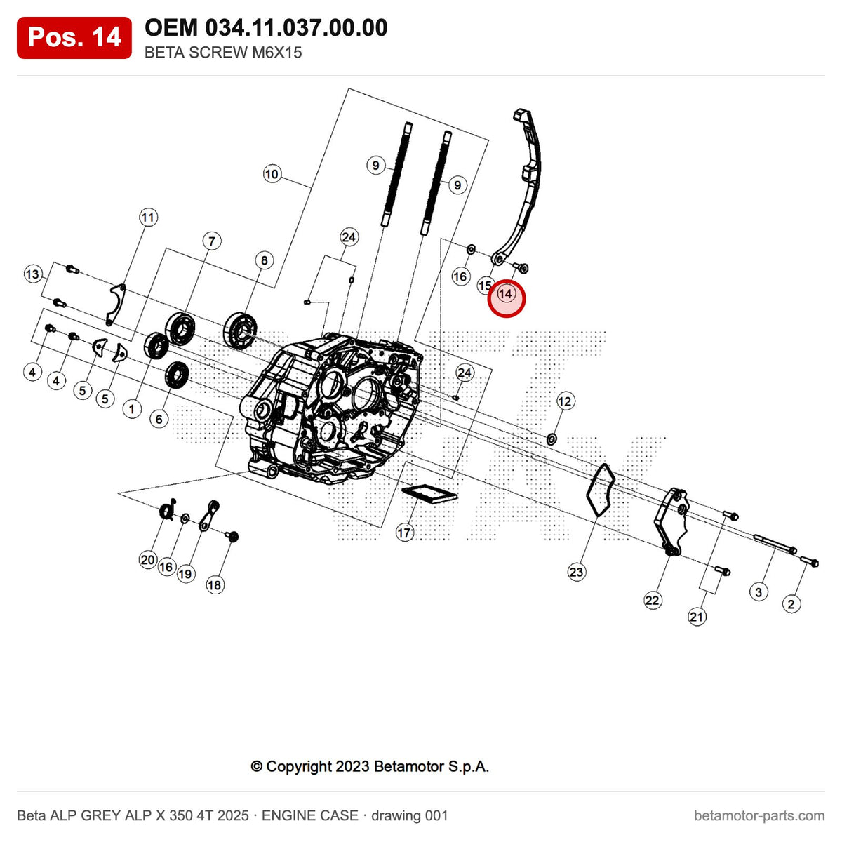 BETA SCREW M6X15 – OEM 034.11.037.00.00, position 14 on the Beta ALP GREY ALP X 350 4T 2025 engine case drawing
