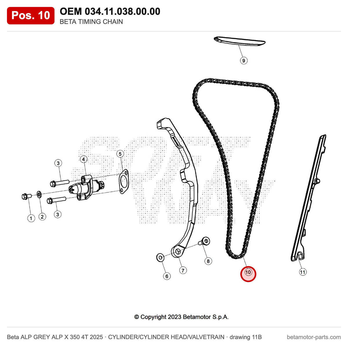 BETA TIMING CHAIN – OEM 034.11.038.00.00, position 10 on the Beta ALP GREY ALP X 350 4T 2025 cylinder/cylinder head/valvetrain drawing