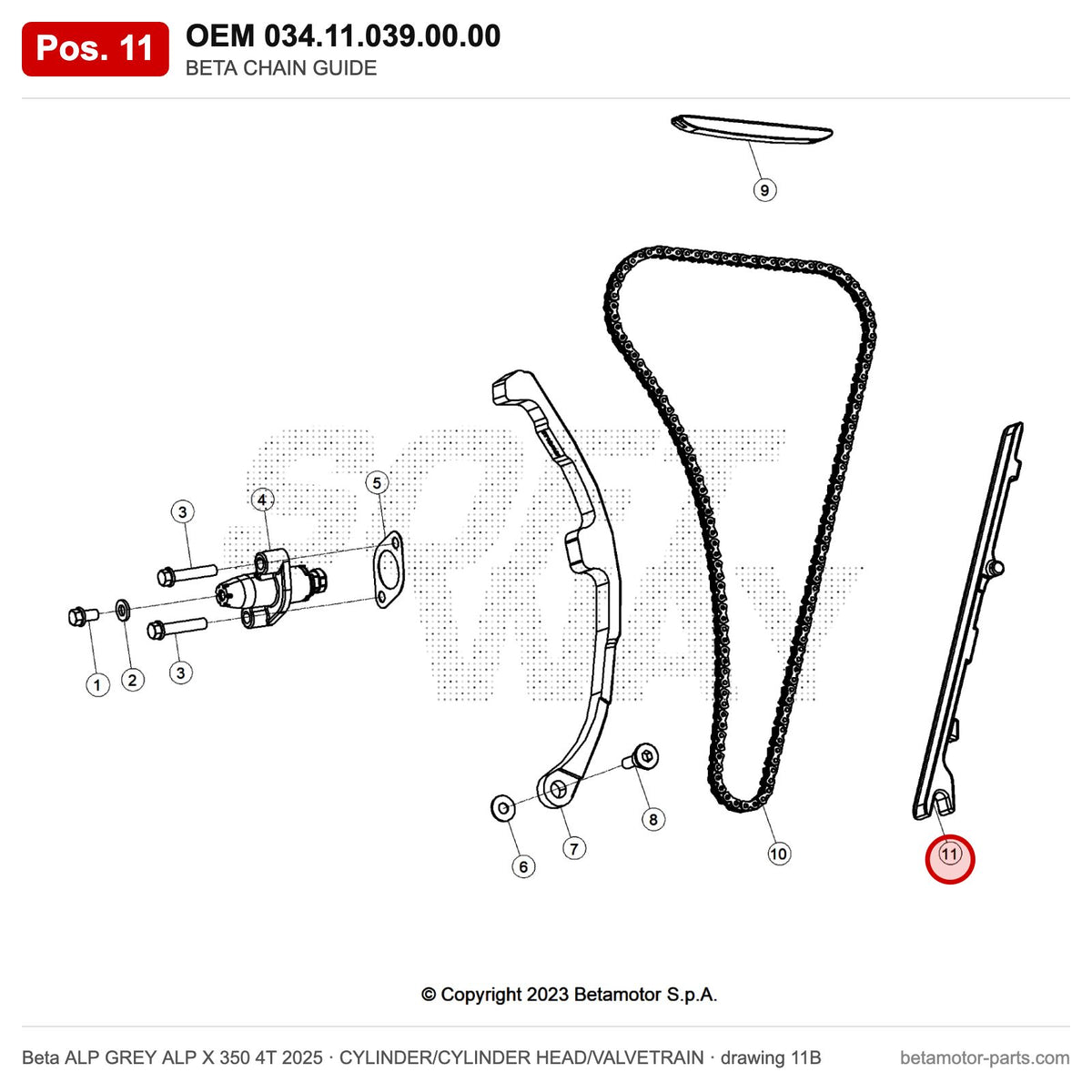 BETA CHAIN GUIDE – OEM 034.11.039.00.00, position 11 on the Beta ALP GREY ALP X 350 4T 2025 cylinder/cylinder head/valvetrain drawing