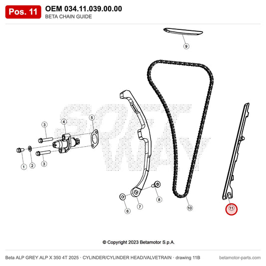 BETA CHAIN GUIDE – OEM 034.11.039.00.00, position 11 on the Beta ALP GREY ALP X 350 4T 2025 cylinder/cylinder head/valvetrain drawing