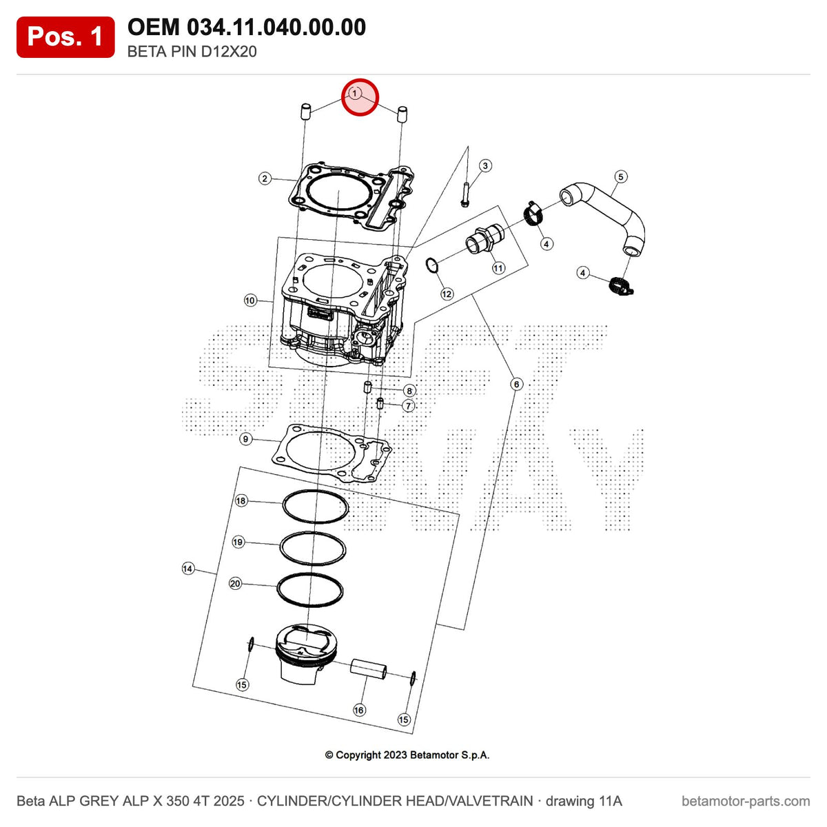 BETA PIN D12X20 – OEM 034.11.040.00.00, position 1 on the Beta ALP GREY ALP X 350 4T 2025 cylinder/cylinder head/valvetrain drawing