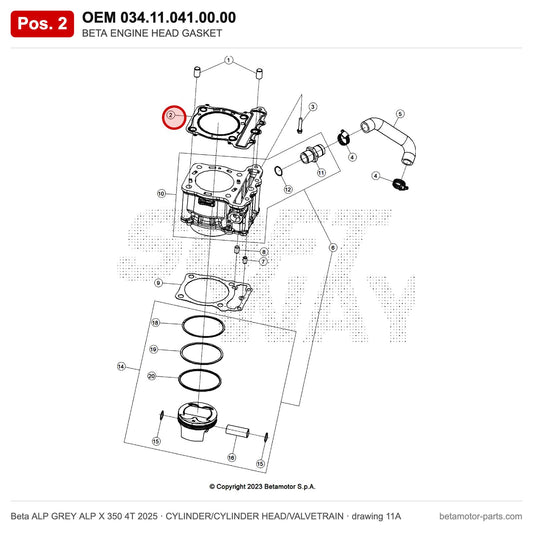 BETA ENGINE HEAD GASKET – OEM 034.11.041.00.00, position 2 on the Beta ALP GREY ALP X 350 4T 2025 cylinder/cylinder head/valvetrain drawing