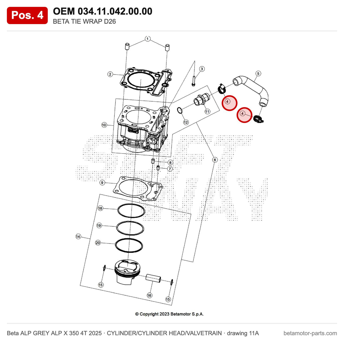 BETA TIE WRAP D26 – OEM 034.11.042.00.00, position 4 on the Beta ALP GREY ALP X 350 4T 2025 cylinder/cylinder head/valvetrain drawing