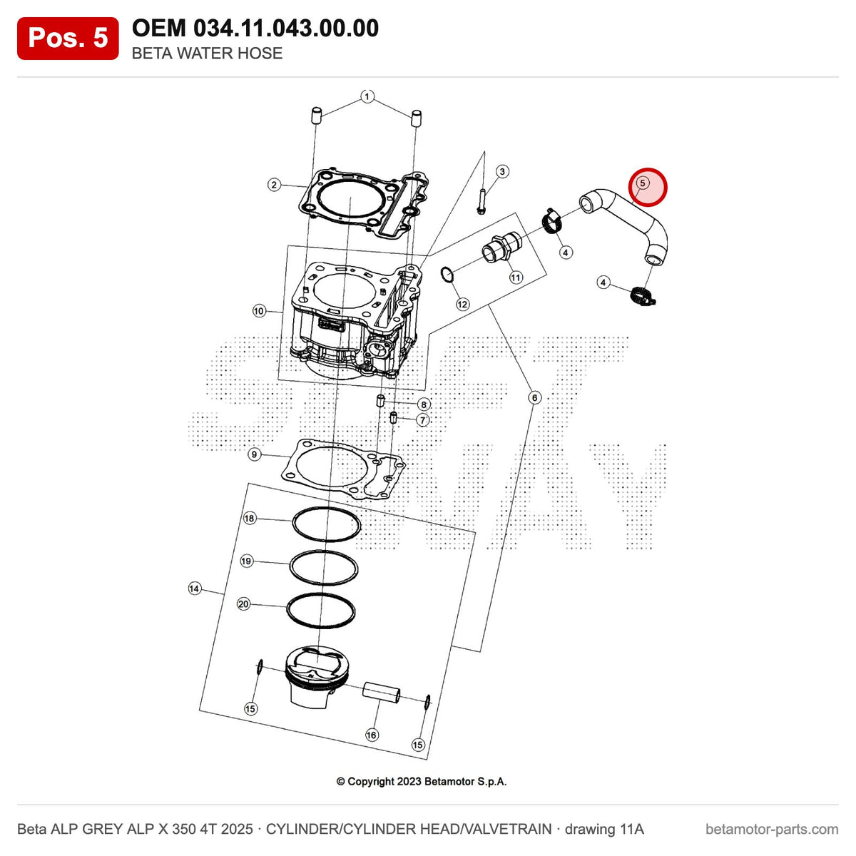BETA WATER HOSE – OEM 034.11.043.00.00, position 5 on the Beta ALP GREY ALP X 350 4T 2025 cylinder/cylinder head/valvetrain drawing