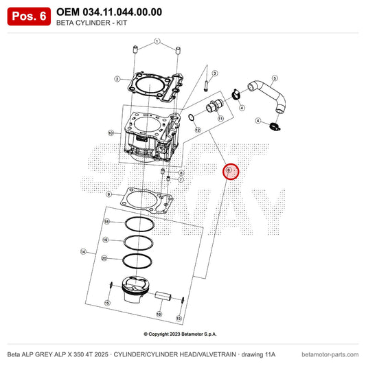 BETA CYLINDER - KIT – OEM 034.11.044.00.00, position 6 on the Beta ALP GREY ALP X 350 4T 2025 cylinder/cylinder head/valvetrain drawing