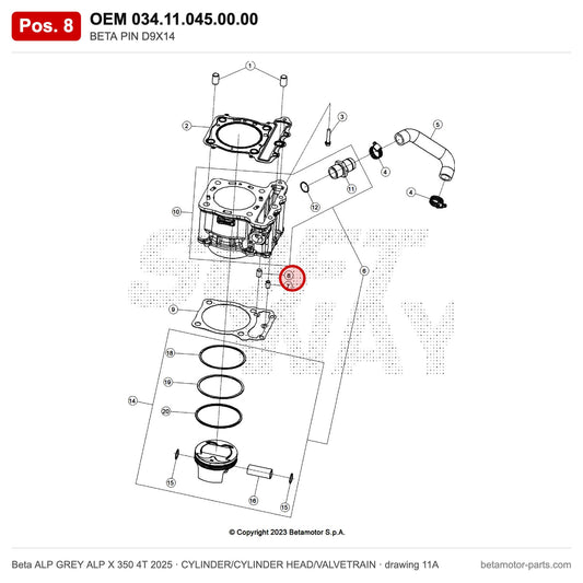 BETA PIN D9X14 – OEM 034.11.045.00.00, position 8 on the Beta ALP GREY ALP X 350 4T 2025 cylinder/cylinder head/valvetrain drawing