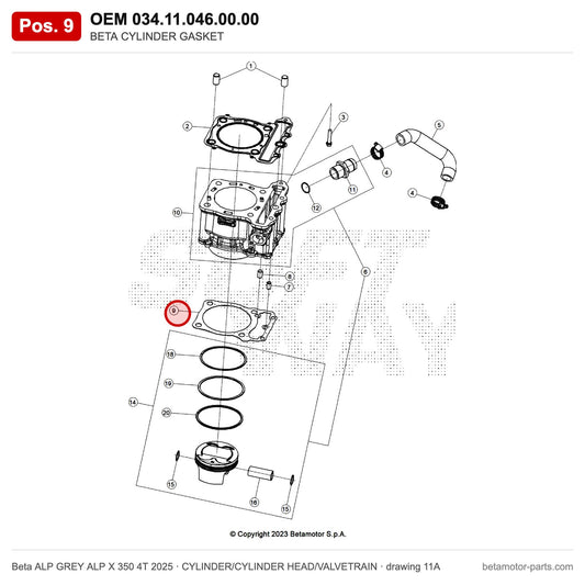 BETA CYLINDER GASKET – OEM 034.11.046.00.00, position 9 on the Beta ALP GREY ALP X 350 4T 2025 cylinder/cylinder head/valvetrain drawing