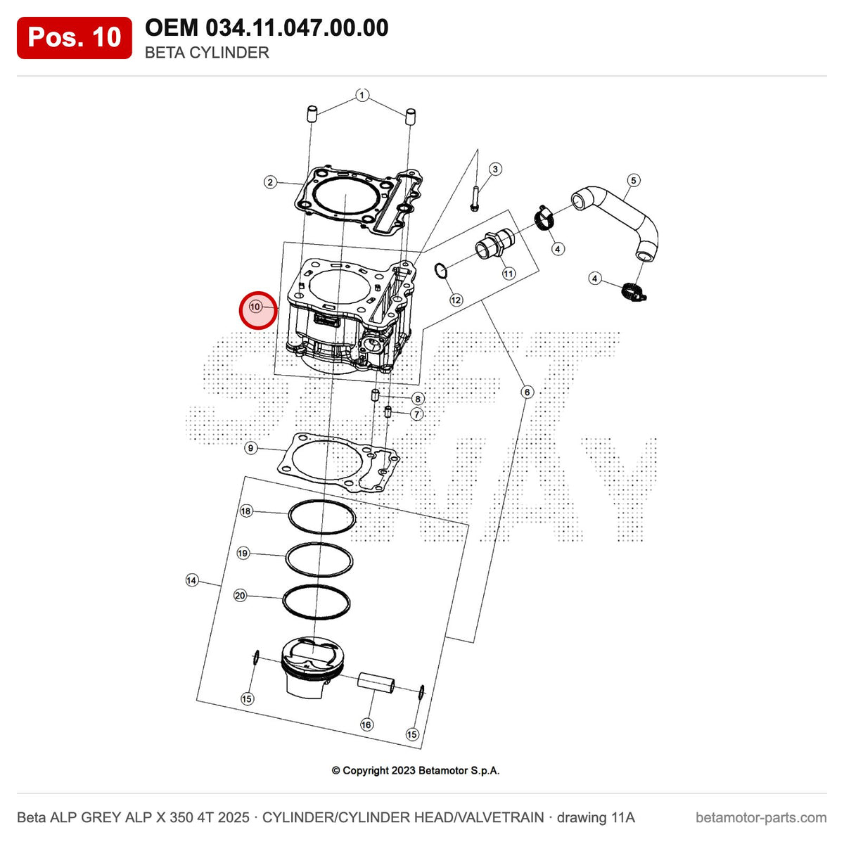 BETA CYLINDER – OEM 034.11.047.00.00, position 10 on the Beta ALP GREY ALP X 350 4T 2025 cylinder/cylinder head/valvetrain drawing