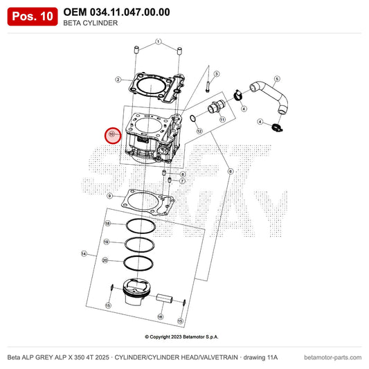 BETA CYLINDER – OEM 034.11.047.00.00, position 10 on the Beta ALP GREY ALP X 350 4T 2025 cylinder/cylinder head/valvetrain drawing