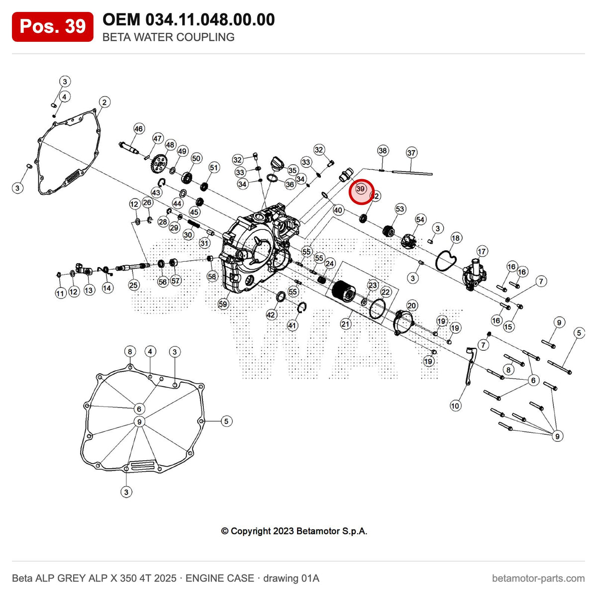 BETA WATER COUPLING – OEM 034.11.048.00.00, position 39 on the Beta ALP GREY ALP X 350 4T 2025 engine case drawing