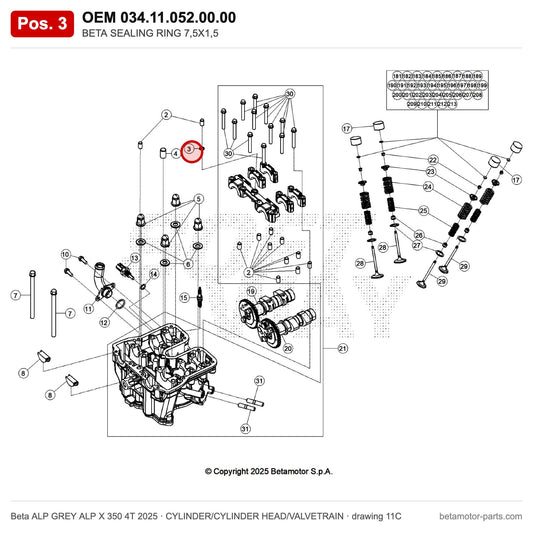 BETA SEALING RING 7,5X1,5 – OEM 034.11.052.00.00, position 3 on the Beta ALP GREY ALP X 350 4T 2025 cylinder/cylinder head/valvetrain drawing