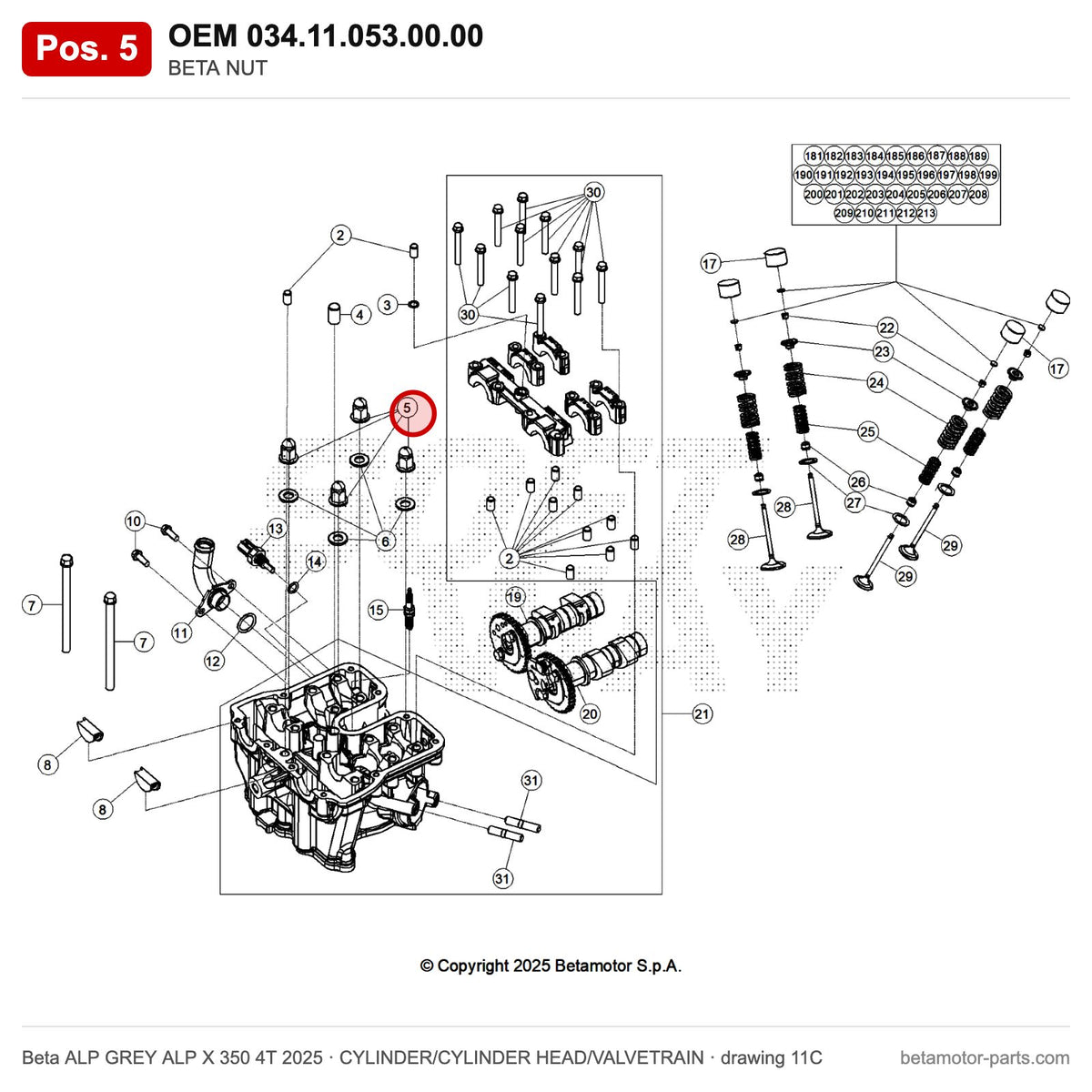 BETA NUT – OEM 034.11.053.00.00, position 5 on the Beta ALP GREY ALP X 350 4T 2025 cylinder/cylinder head/valvetrain drawing