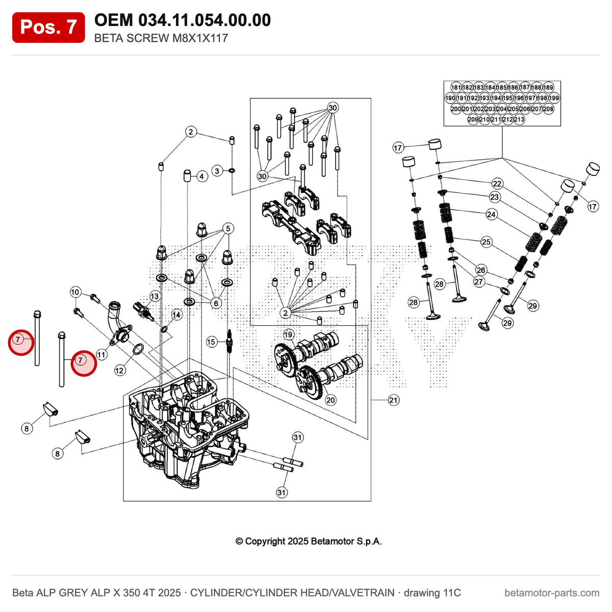 BETA SCREW M8X1X117 – OEM 034.11.054.00.00, position 7 on the Beta ALP GREY ALP X 350 4T 2025 cylinder/cylinder head/valvetrain drawing