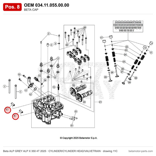 BETA CAP – OEM 034.11.055.00.00, position 8 on the Beta ALP GREY ALP X 350 4T 2025 cylinder/cylinder head/valvetrain drawing