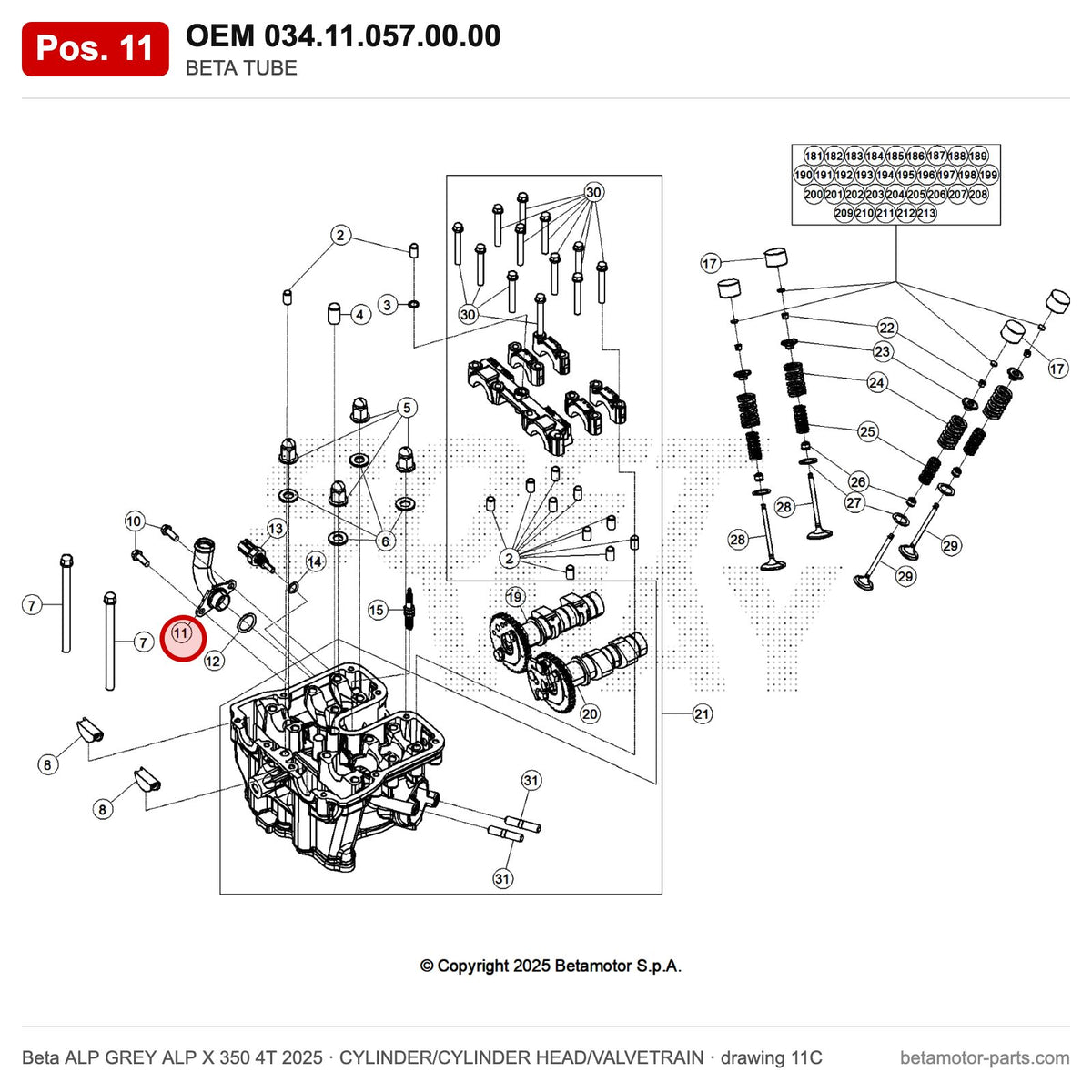 BETA TUBE – OEM 034.11.057.00.00, position 11 on the Beta ALP GREY ALP X 350 4T 2025 cylinder/cylinder head/valvetrain drawing