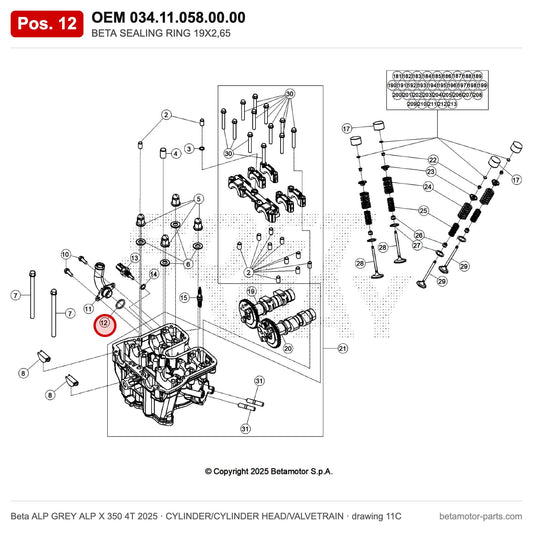 BETA SEALING RING 19X2,65 – OEM 034.11.058.00.00, position 12 on the Beta ALP GREY ALP X 350 4T 2025 cylinder/cylinder head/valvetrain drawing