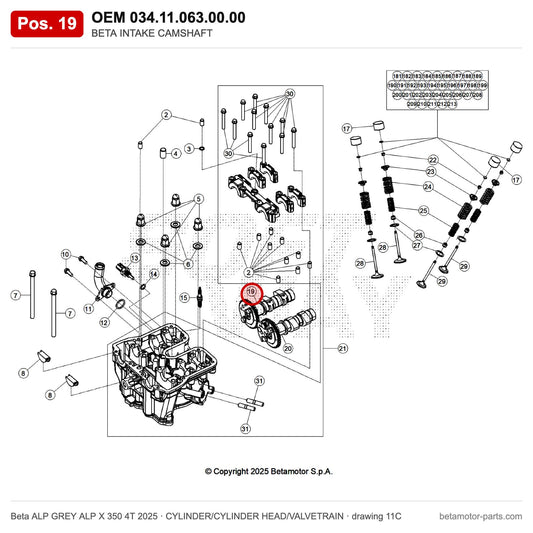 BETA INTAKE CAMSHAFT – OEM 034.11.063.00.00, position 19 on the Beta ALP GREY ALP X 350 4T 2025 cylinder/cylinder head/valvetrain drawing