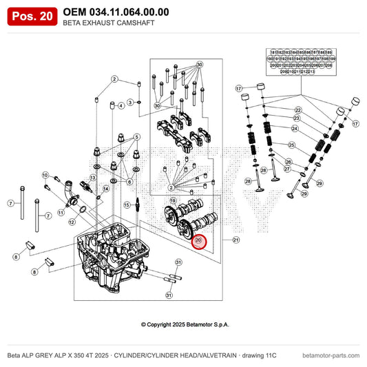 BETA EXHAUST CAMSHAFT – OEM 034.11.064.00.00, position 20 on the Beta ALP GREY ALP X 350 4T 2025 cylinder/cylinder head/valvetrain drawing