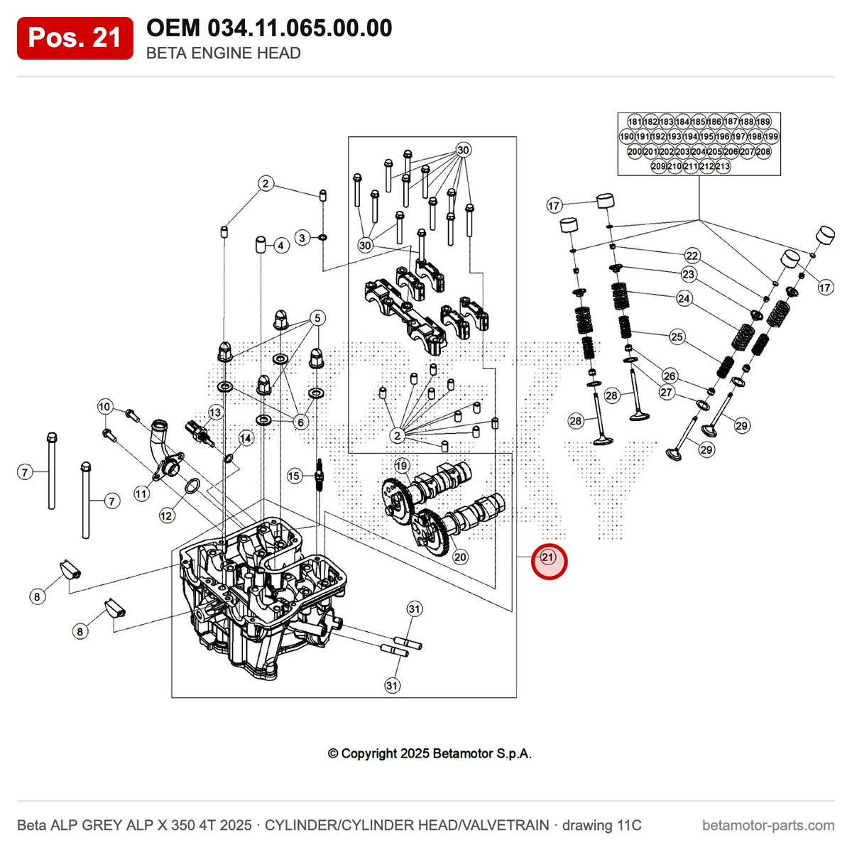 BETA ENGINE HEAD – OEM 034.11.065.00.00, position 21 on the Beta ALP GREY ALP X 350 4T 2025 cylinder/cylinder head/valvetrain drawing