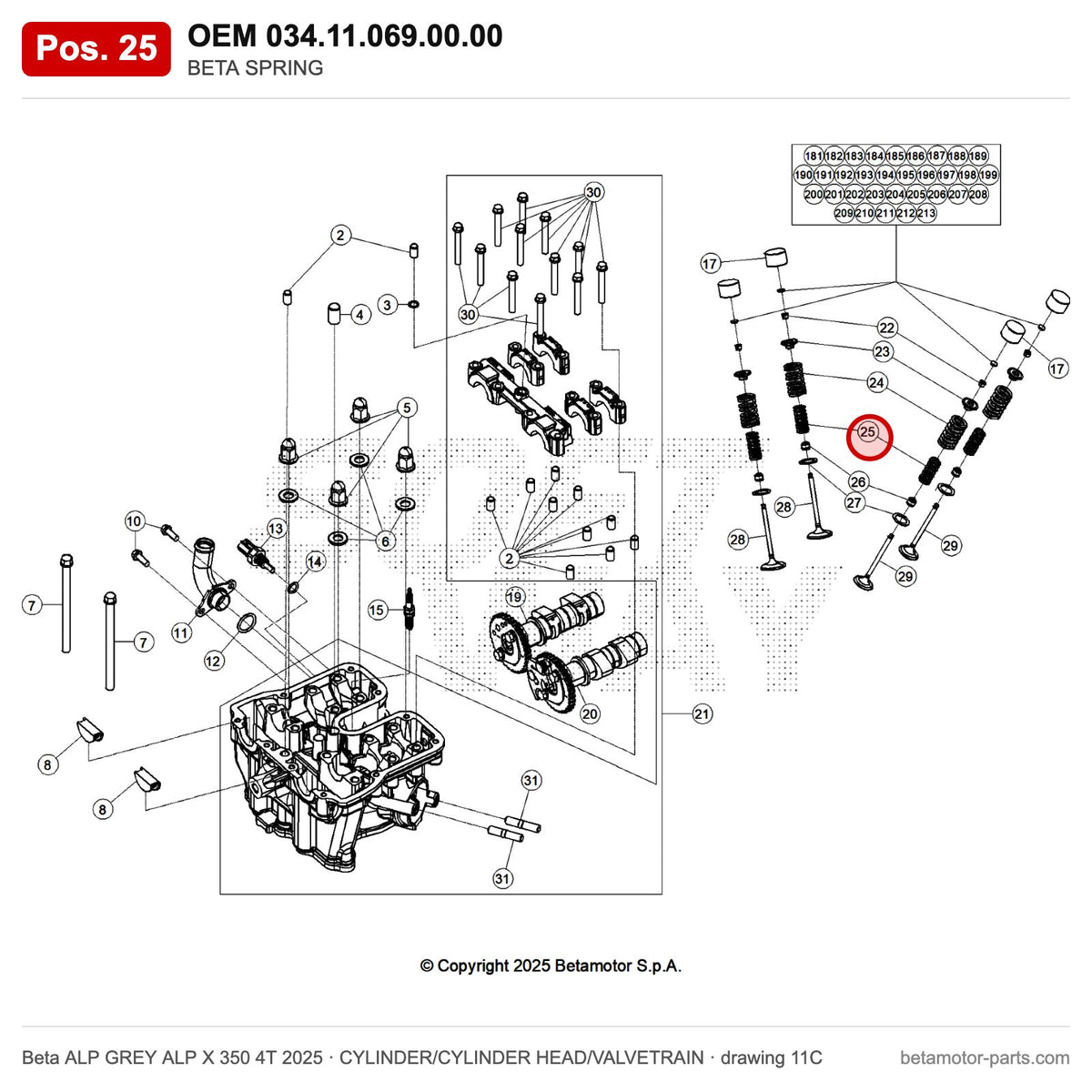 BETA SPRING – OEM 034.11.069.00.00, position 25 on the Beta ALP GREY ALP X 350 4T 2025 cylinder/cylinder head/valvetrain drawing