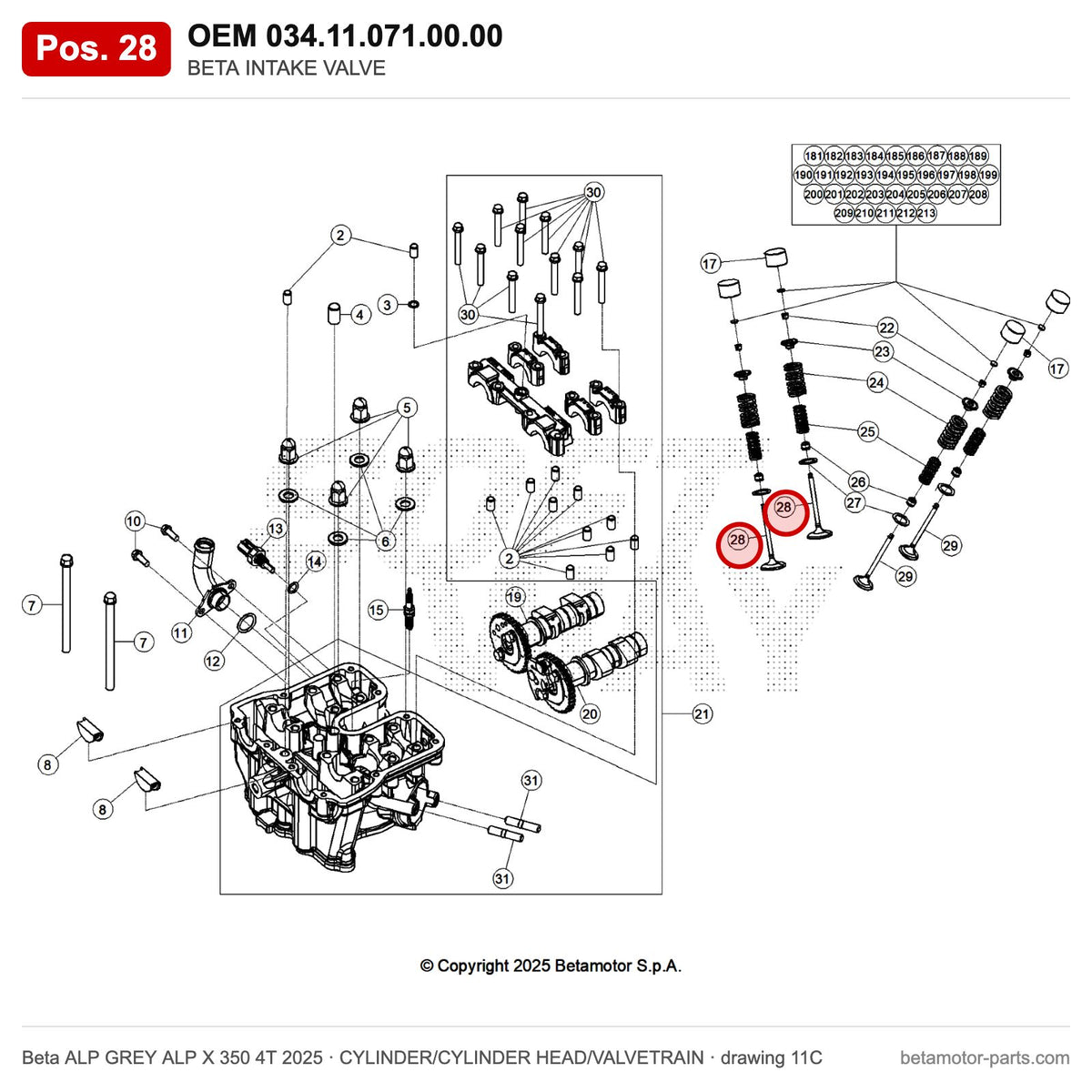 BETA INTAKE VALVE – OEM 034.11.071.00.00, position 28 on the Beta ALP GREY ALP X 350 4T 2025 cylinder/cylinder head/valvetrain drawing