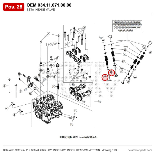 BETA INTAKE VALVE – OEM 034.11.071.00.00, position 28 on the Beta ALP GREY ALP X 350 4T 2025 cylinder/cylinder head/valvetrain drawing