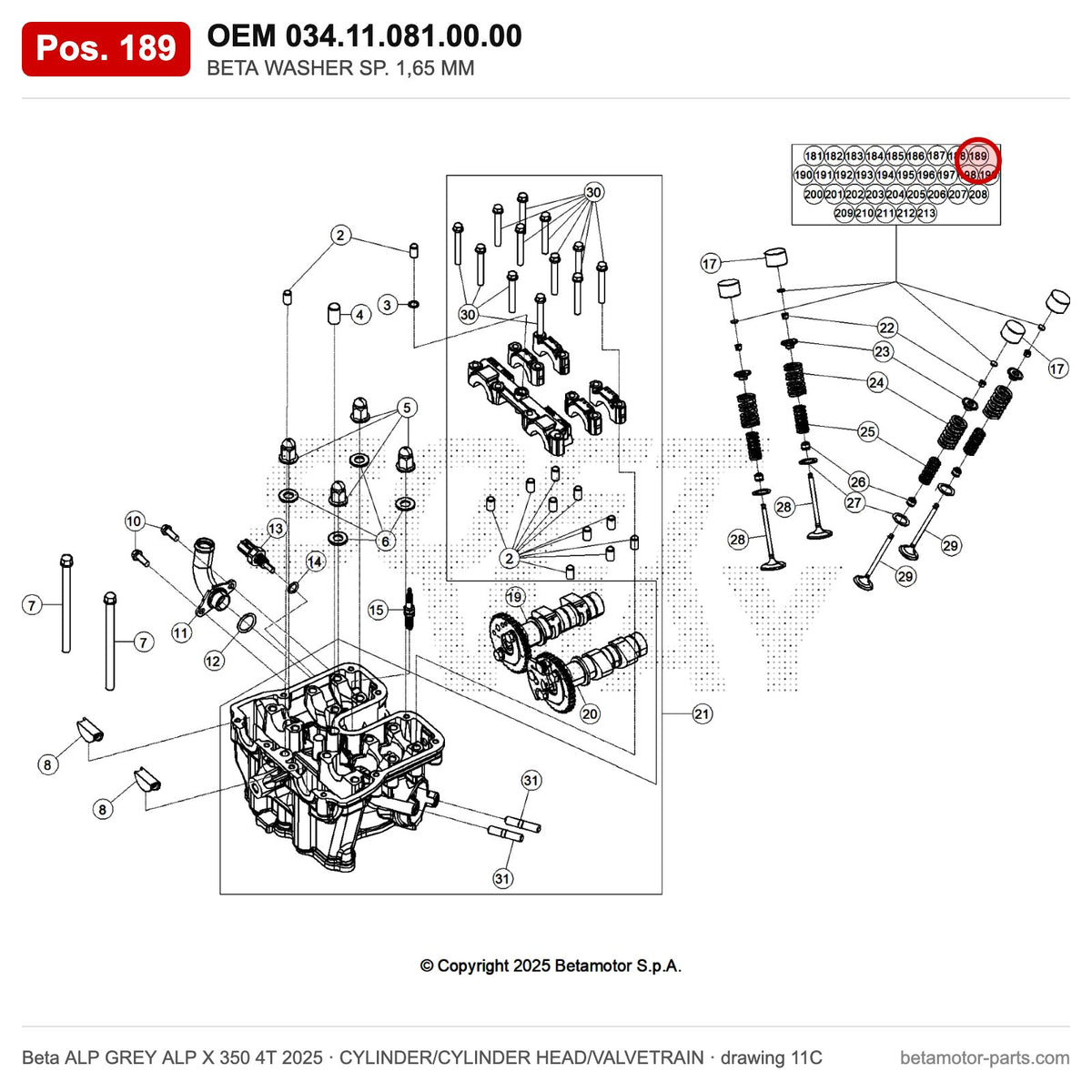 BETA WASHER SP. 1,65 MM – OEM 034.11.081.00.00, position 189 on the Beta ALP GREY ALP X 350 4T 2025 cylinder/cylinder head/valvetrain drawing