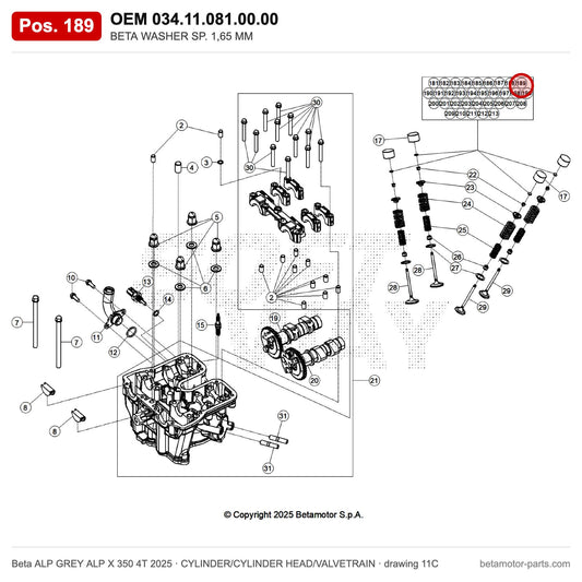 BETA WASHER SP. 1,65 MM – OEM 034.11.081.00.00, position 189 on the Beta ALP GREY ALP X 350 4T 2025 cylinder/cylinder head/valvetrain drawing