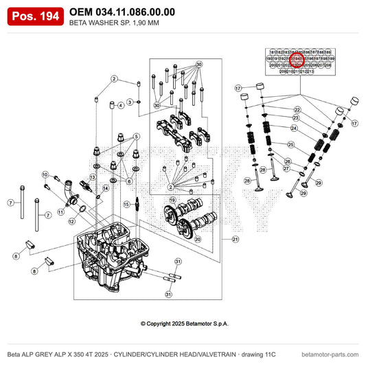 BETA WASHER SP. 1,90 MM – OEM 034.11.086.00.00, position 194 on the Beta ALP GREY ALP X 350 4T 2025 cylinder/cylinder head/valvetrain drawing