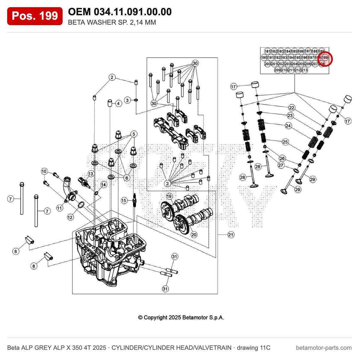 BETA WASHER SP. 2,14 MM – OEM 034.11.091.00.00, position 199 on the Beta ALP GREY ALP X 350 4T 2025 cylinder/cylinder head/valvetrain drawing