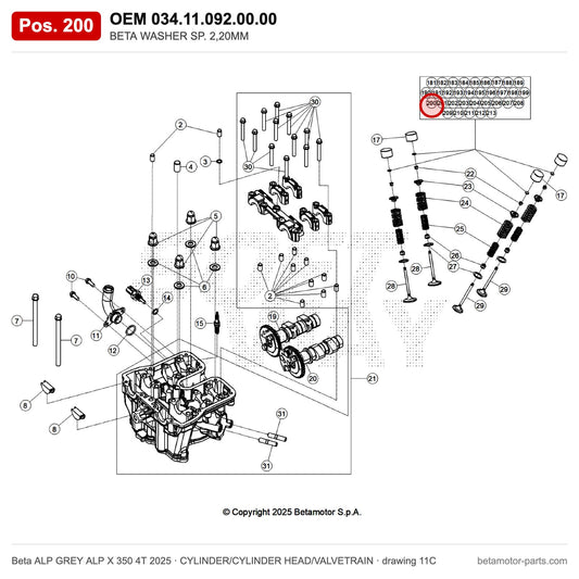 BETA WASHER SP. 2,20MM – OEM 034.11.092.00.00, position 200 on the Beta ALP GREY ALP X 350 4T 2025 cylinder/cylinder head/valvetrain drawing