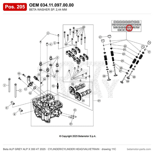 BETA WASHER SP. 2,44 MM – OEM 034.11.097.00.00, position 205 on the Beta ALP GREY ALP X 350 4T 2025 cylinder/cylinder head/valvetrain drawing