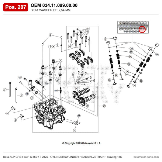 BETA WASHER SP. 2,54 MM – OEM 034.11.099.00.00, position 207 on the Beta ALP GREY ALP X 350 4T 2025 cylinder/cylinder head/valvetrain drawing