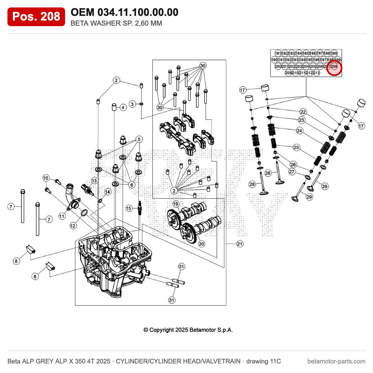 BETA WASHER SP. 2,60 MM – OEM 034.11.100.00.00, position 208 on the Beta ALP GREY ALP X 350 4T 2025 cylinder/cylinder head/valvetrain drawing