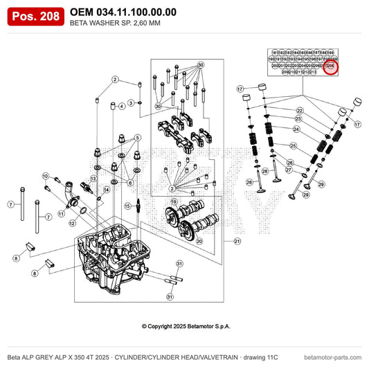 BETA WASHER SP. 2,60 MM – OEM 034.11.100.00.00, position 208 on the Beta ALP GREY ALP X 350 4T 2025 cylinder/cylinder head/valvetrain drawing