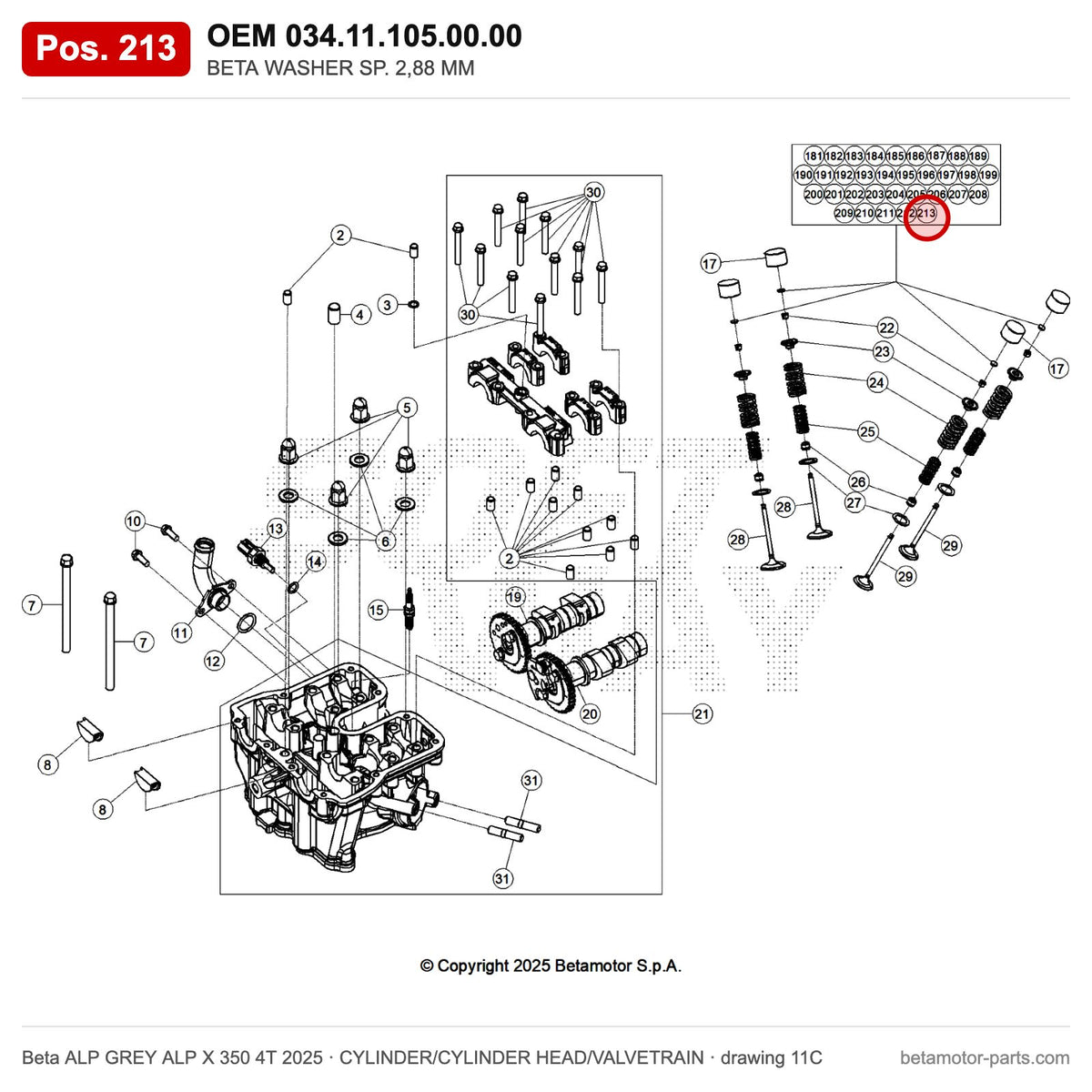 BETA WASHER SP. 2,80 MM – OEM 034.11.105.00.00, position 213 on the Beta ALP GREY ALP X 350 4T 2025 cylinder/cylinder head/valvetrain drawing